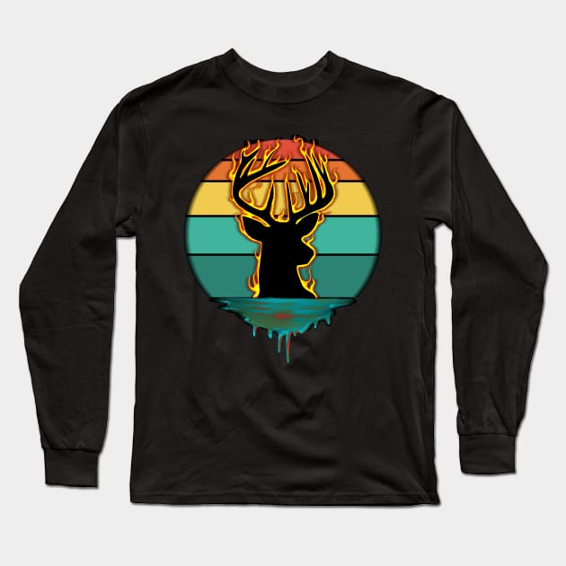 Flaming Retro Buck Long Sleeve T-Shirt by Shawnsonart